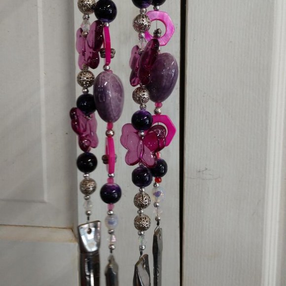 Pink/Purple Beaded Butterfly Upcycled Recycled Silverware Windchime - Picture 2 of 10